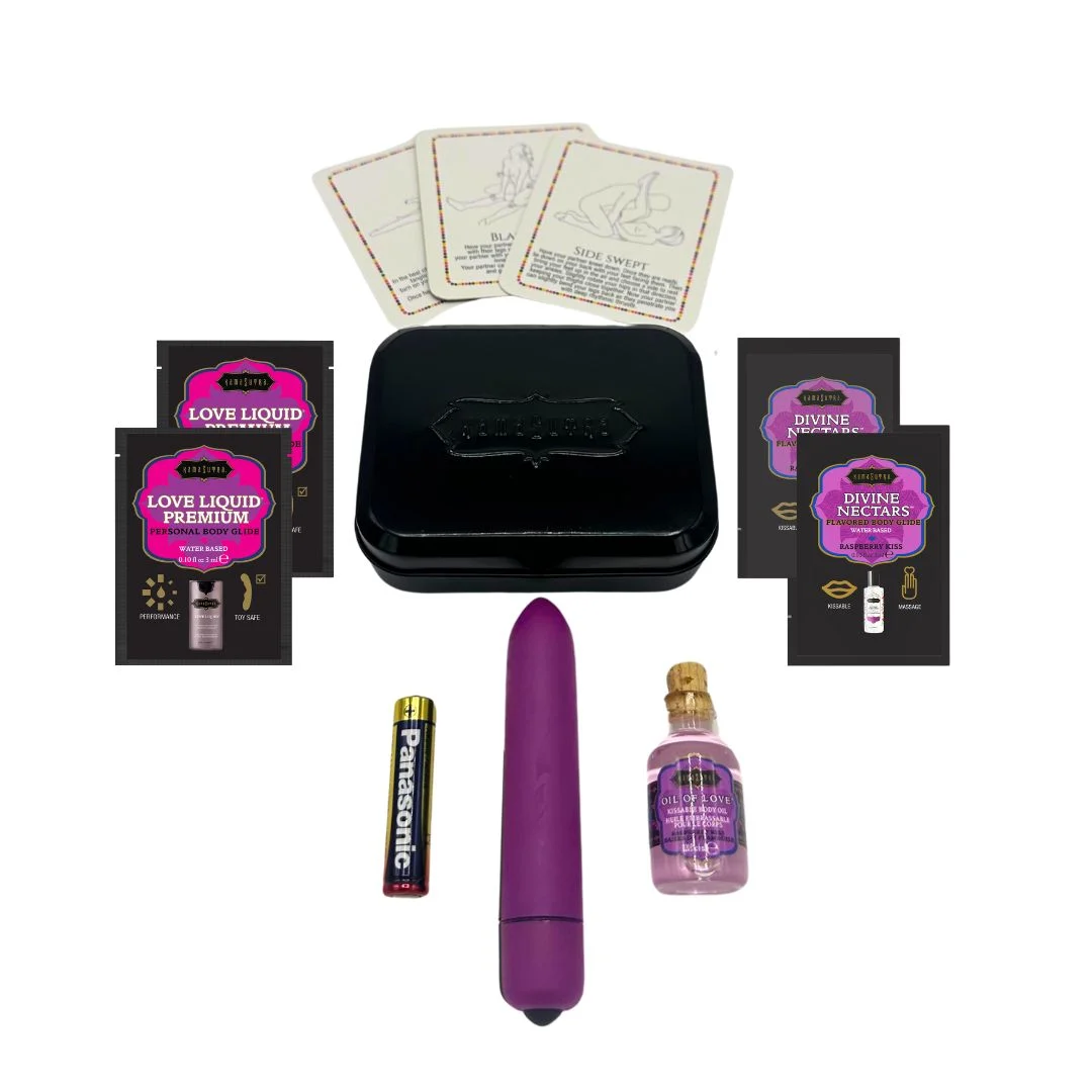 WEEKENDER KIT VIBE Raspberry Dreams Includes: Oil of Love, Reusable 10 speed mini vibe, Massage Oil, Love Liquid and Erotic Playcards – Image 2
