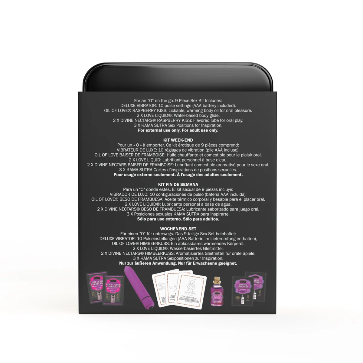 WEEKENDER KIT VIBE Raspberry Dreams Includes: Oil of Love, Reusable 10 speed mini vibe, Massage Oil, Love Liquid and Erotic Playcards – Image 3