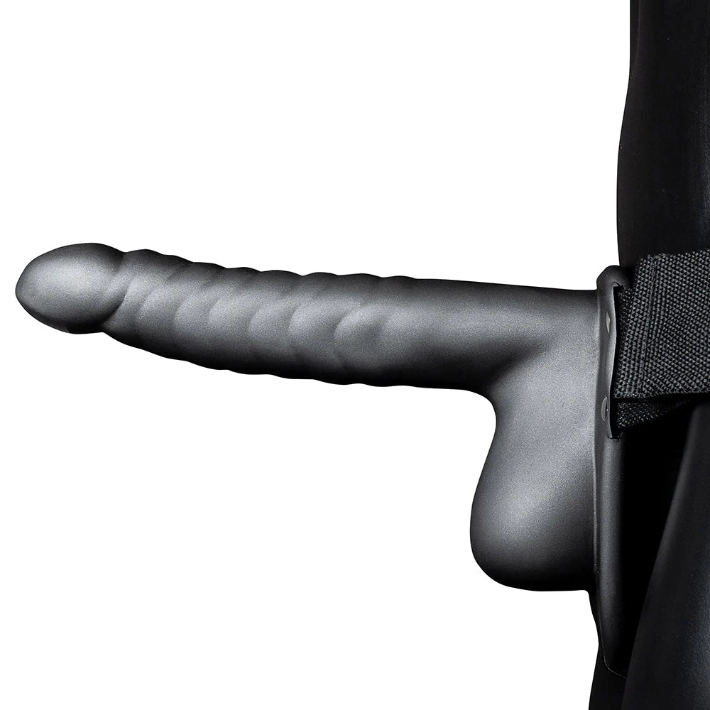 Ouch! Ribbed 8 Inch Hollow Ballsy Strap-On in Gunmetal - Image 2