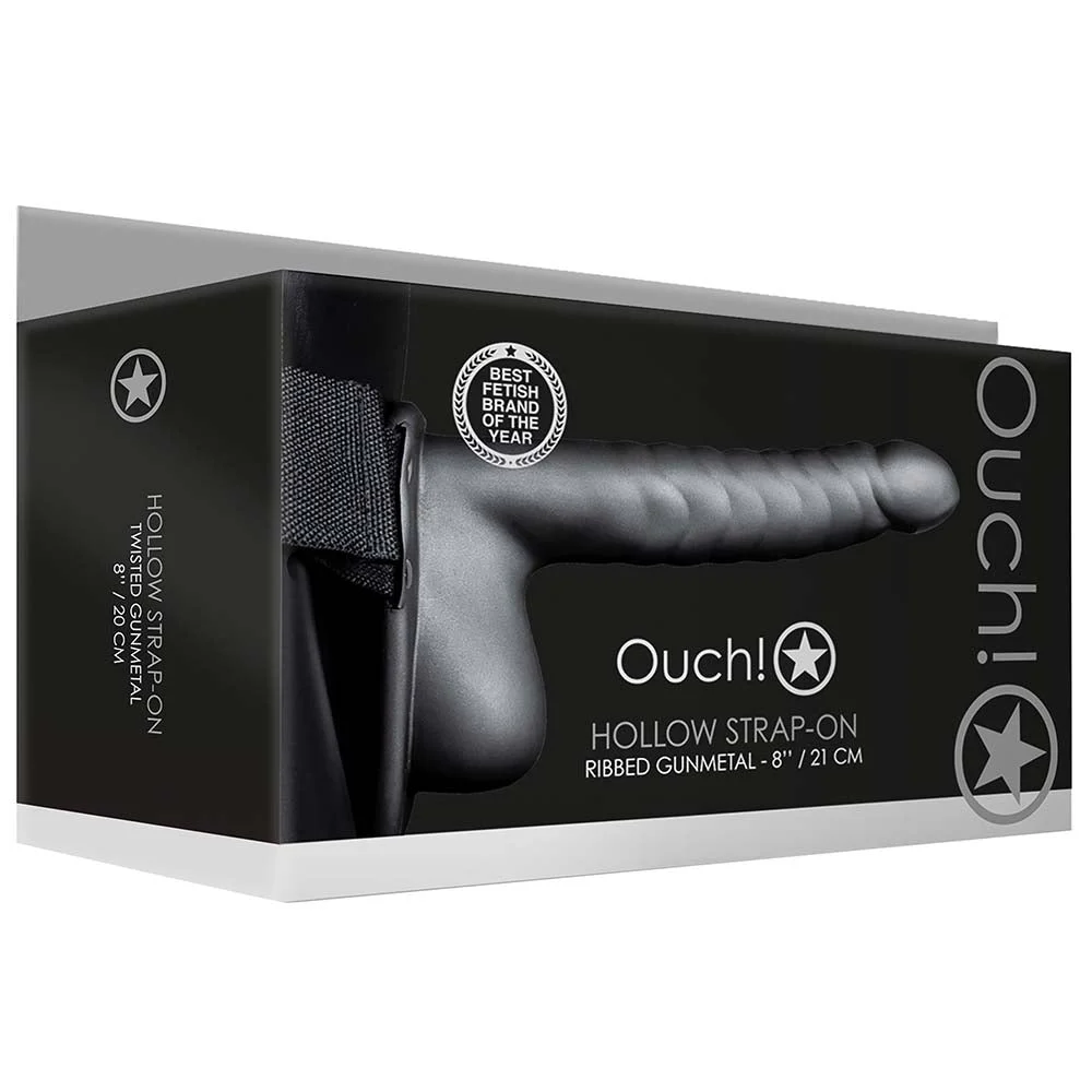 Ouch! Ribbed 8 Inch Hollow Ballsy Strap-On in Gunmetal - Image 6